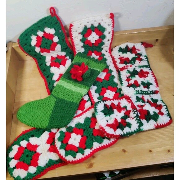 Lot 4 Vtg Christmas Kitsch Granny Square Stockings Poinsettia Crochet MCM Retro - Picture 1 of 14
